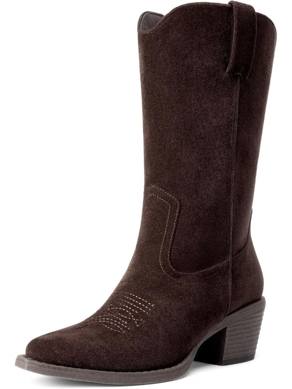 Women's Dark Brown Faux Leather Narrow Square Toe Mid Calf Western Cowgirl Boot